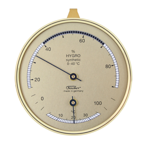 Hygrometer mit synthetischer Faser und Bimetall-Thermometer in messingfarbenem Gehäuse.