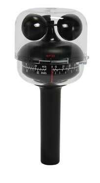 Analog hand-held anemometer for measuring wind speed with black plastic casing and scale.