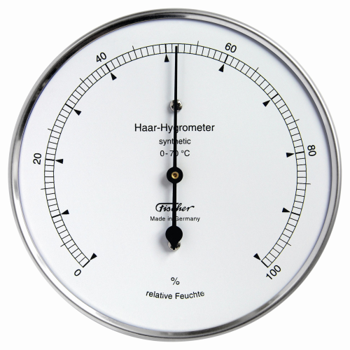 Hygrometer mit synthetischen Fasern für präzise Messung der relativen Luftfeuchte, wartungsarm, bis 0°C einsetzbar.