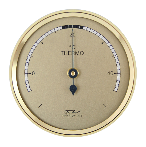 Bimetallthermometer with gold casing showing temperature in Celsius.
