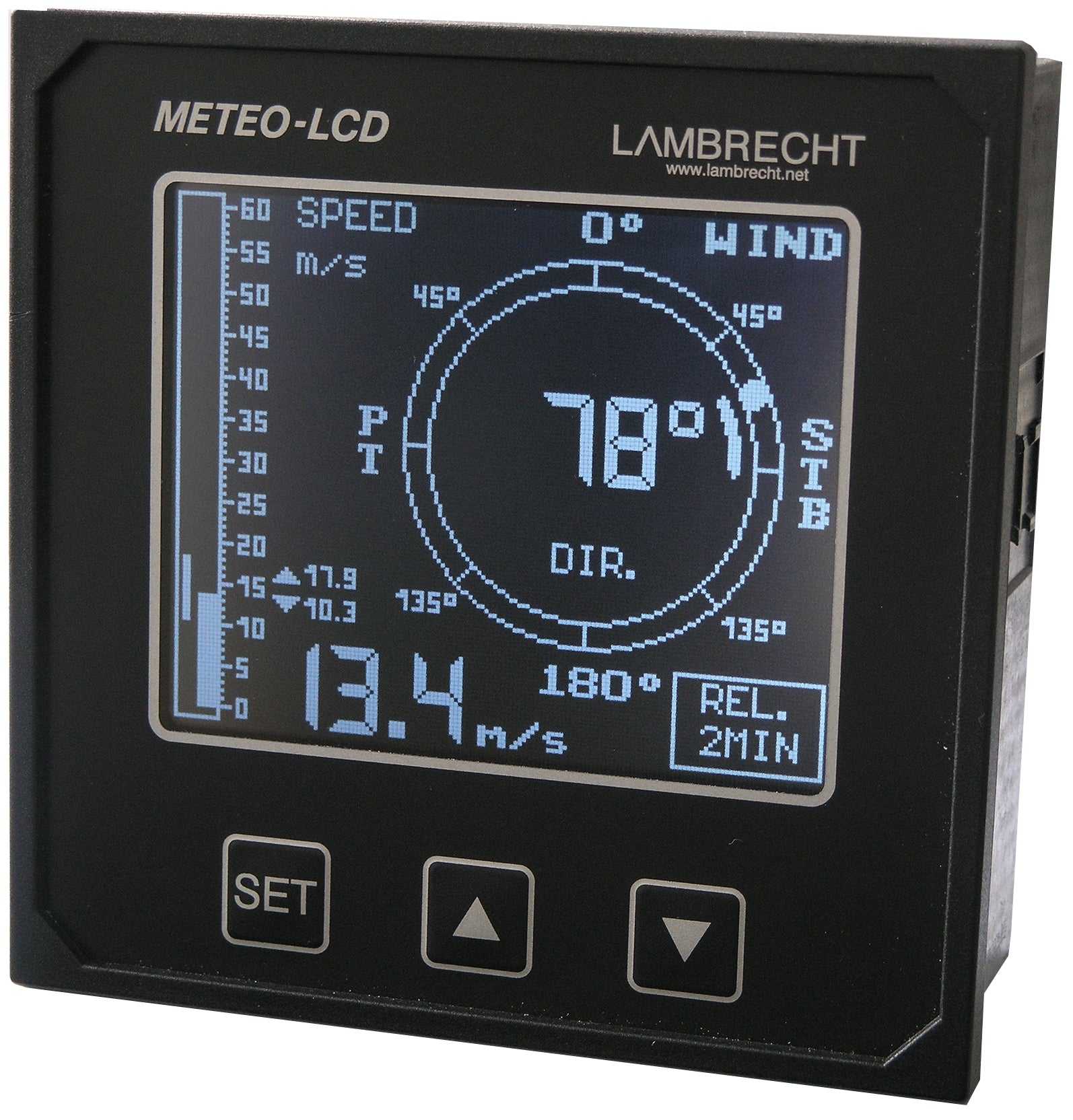 Digitaler Schiffs-Anzeiger METEO-LCD-NAV mit kontrastreichem Grafik-LCD und wasserdichter Frontplatte für maritime Anwendungen.