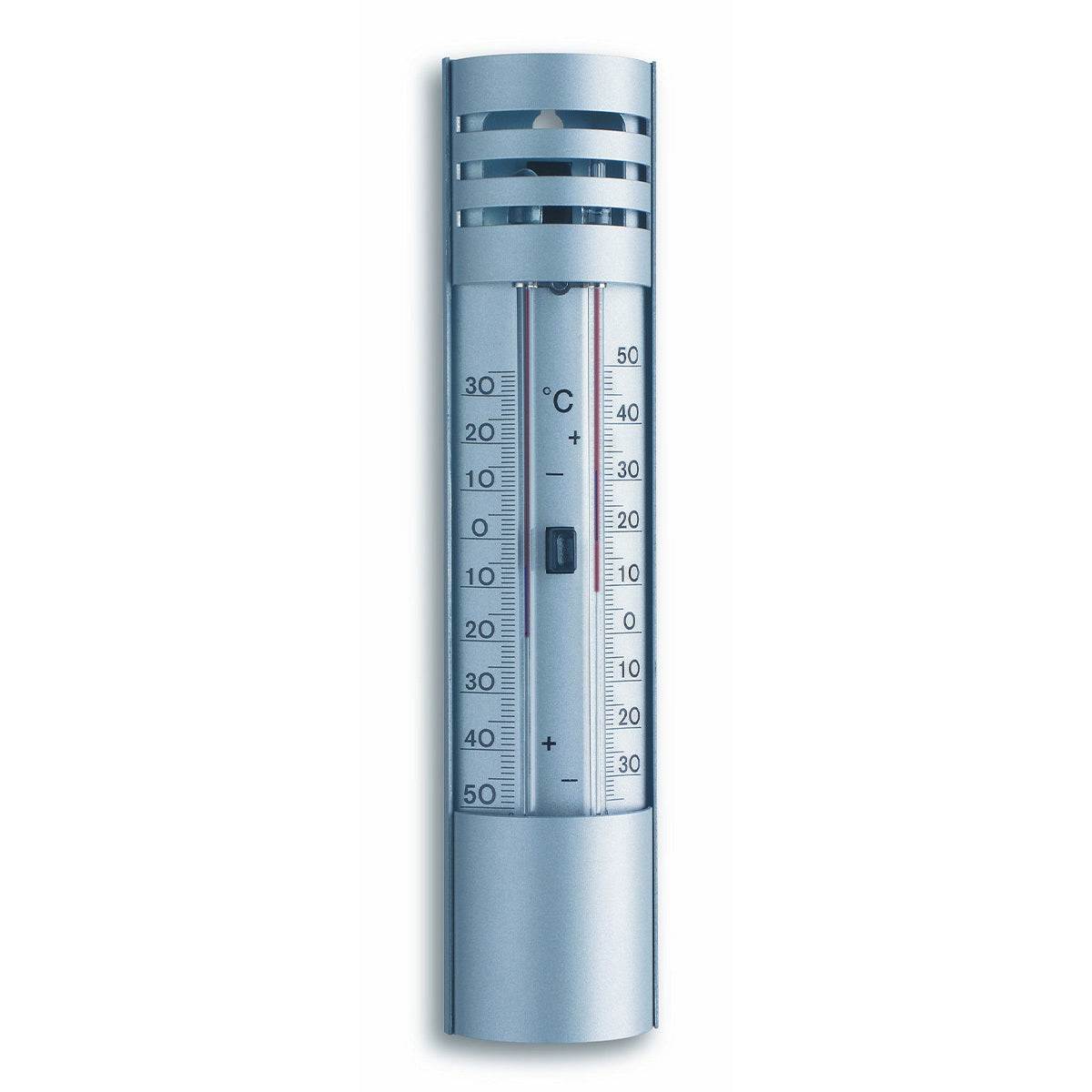 Minimum-Maximum-Thermometer displaying current, highest, and lowest temperatures, made from durable aluminum.