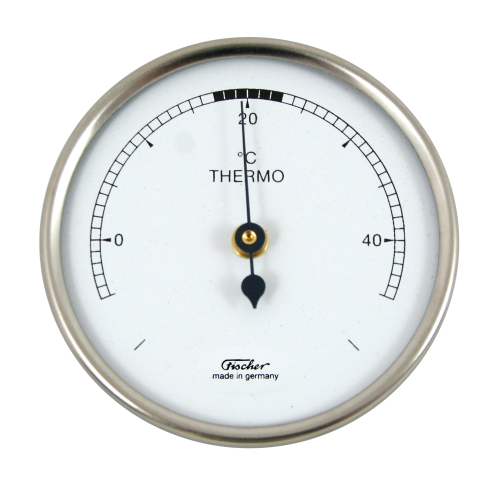 Bimetallthermometer mit Metallgehäuse und Temperaturskala.