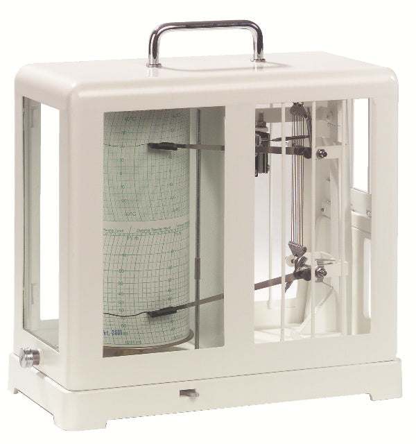 Thermohygrograph for measuring temperature and humidity, featuring a drum recorder and mechanical clockwork.
