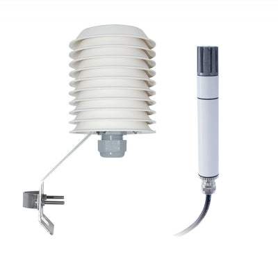 Humidity sensor for meteorological applications with protective casing and cable connection.
