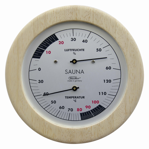 Sauna-Hygrometer mit Bimetall-Thermometer und messingfarbenem Metallgehäuse.