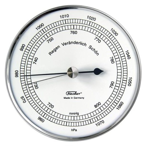 Aneroid-Barometer with stainless steel casing and clear scale.