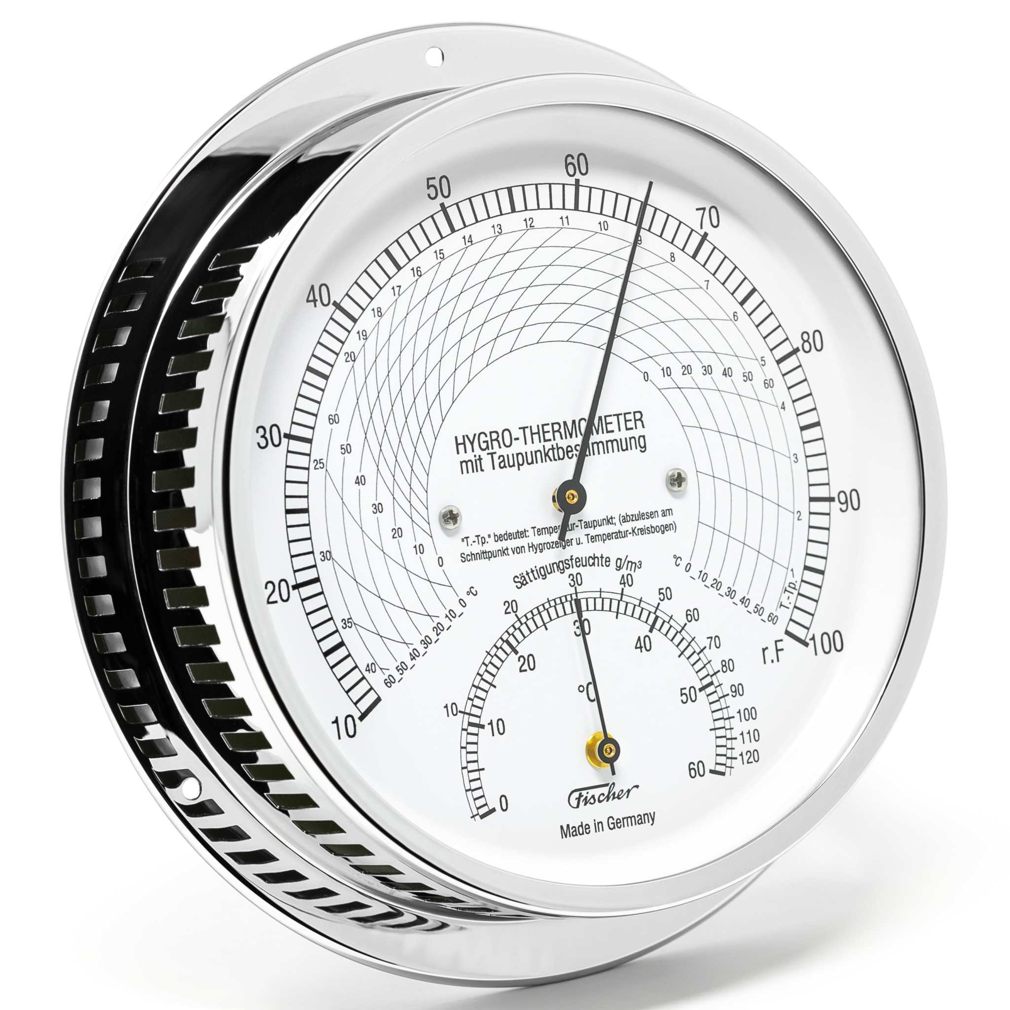 Thermo-Hygrometer mit Taupunktbestimmung in verchromtem Messinggehäuse, misst Luftfeuchte und Temperatur.