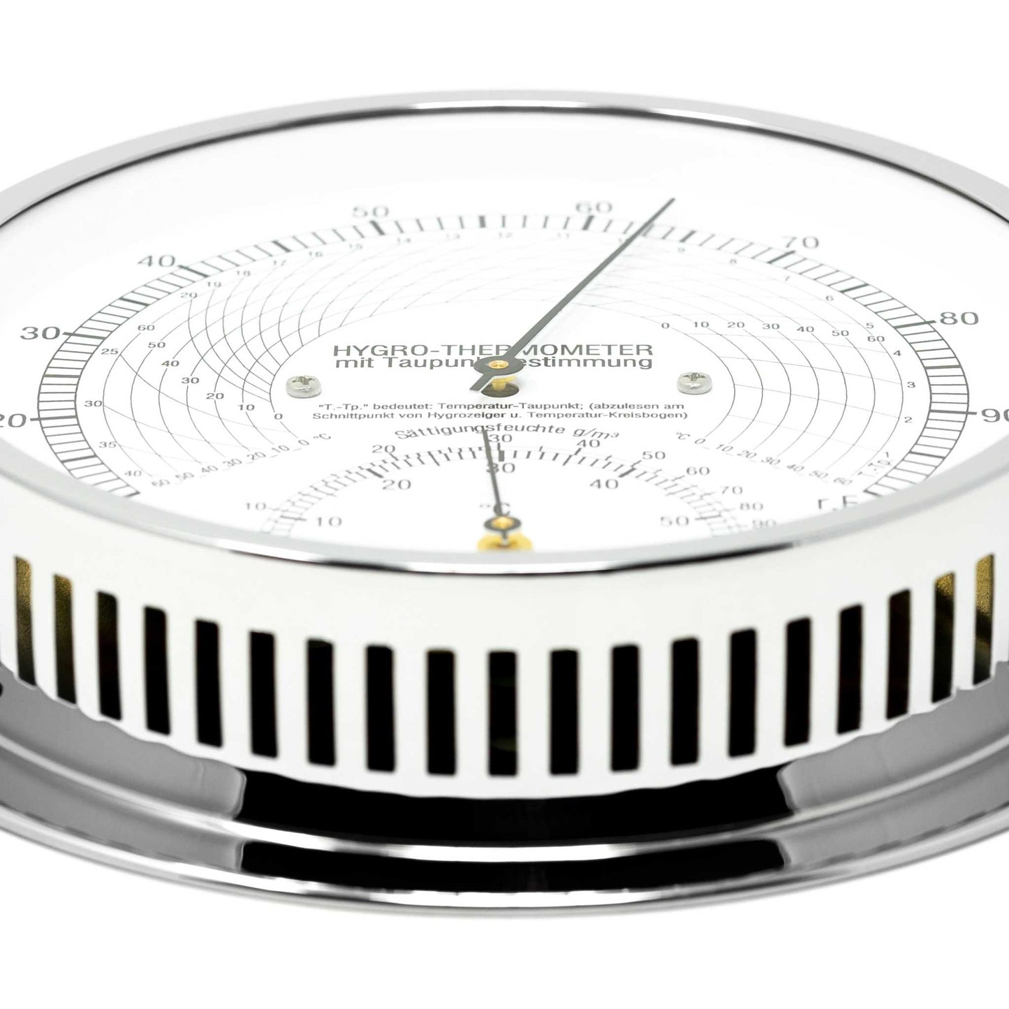 Thermo-Hygrometer mit präziser Skala, misst Luftfeuchte, Temperatur und Taupunkt, verchromtes Messinggehäuse.