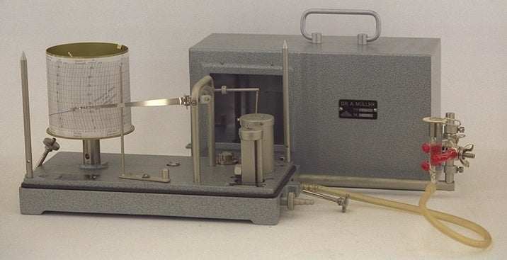 Verdunstungsschreiber nach Piche with continuous recording system and steel housing.