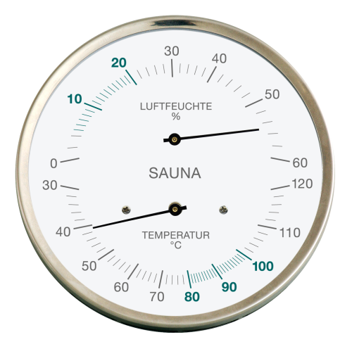 Sauna hygrometer with synthetic fiber, bimetal thermometer, brass casing.