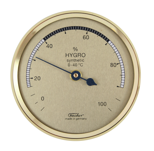 Hygrometer mit synthetischen Fasern für Messung der Luftfeuchtigkeit, rund, goldfarben.