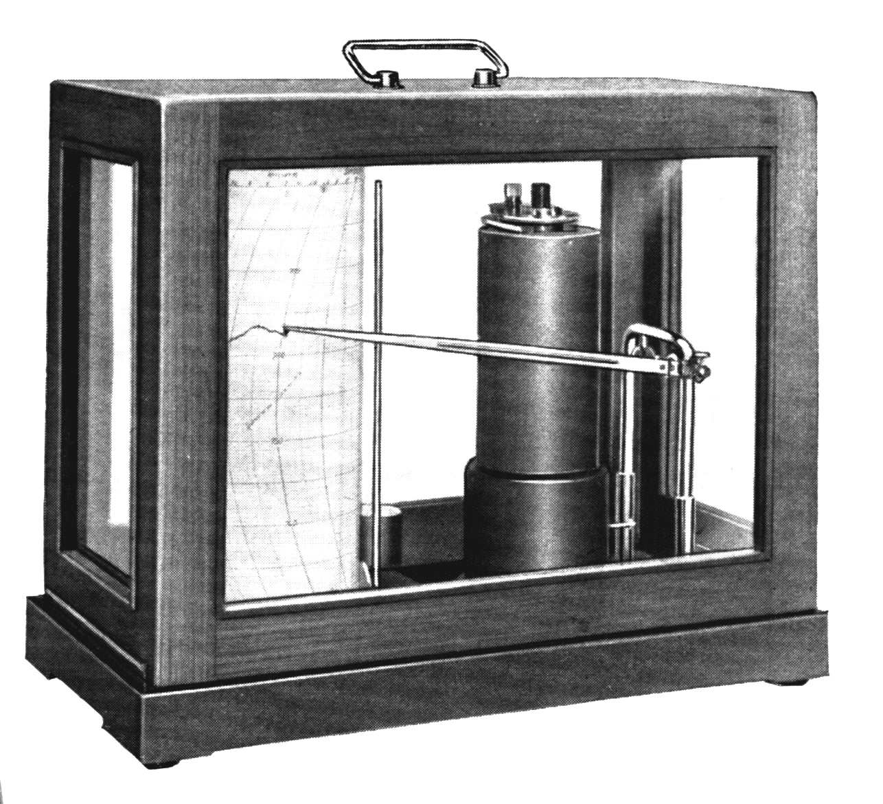 Mikrobarographen atmospheric pressure measuring device in a wooden case with glass panels.