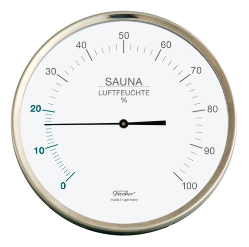 Sauna hygrometer with synthetic fibers for humidity measurement.