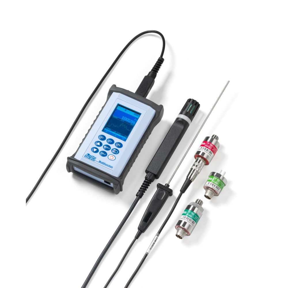 Handheld Präzisionsbarometer HD3114B with probes and display showing atmospheric data logging.
