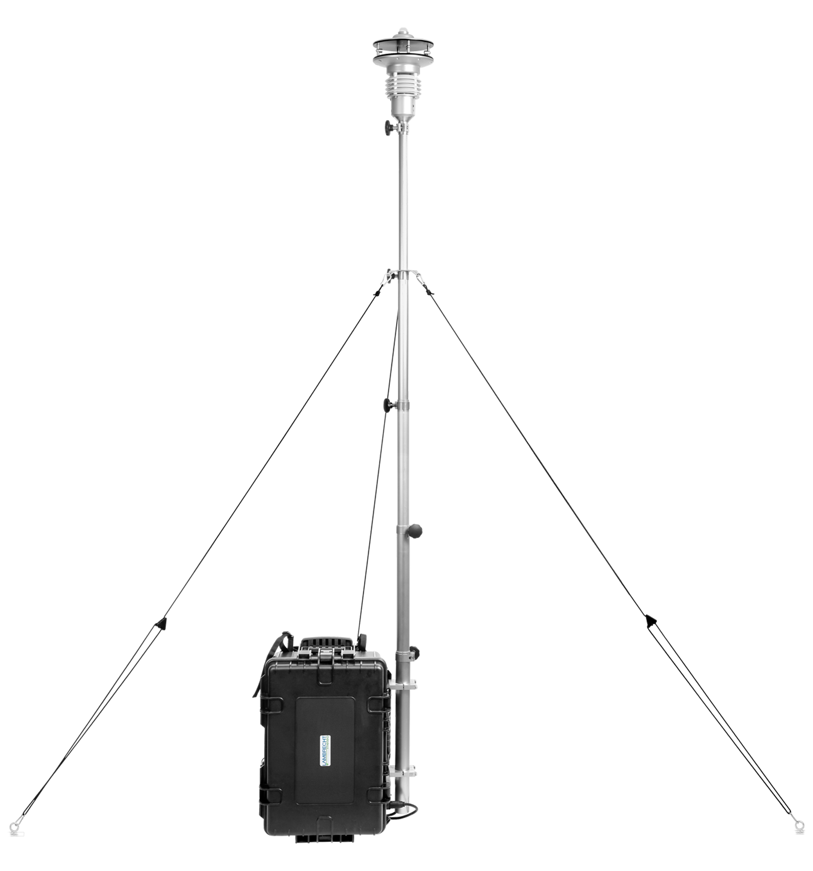 Mobile weather station with tripod and sensors for environmental data measurement.