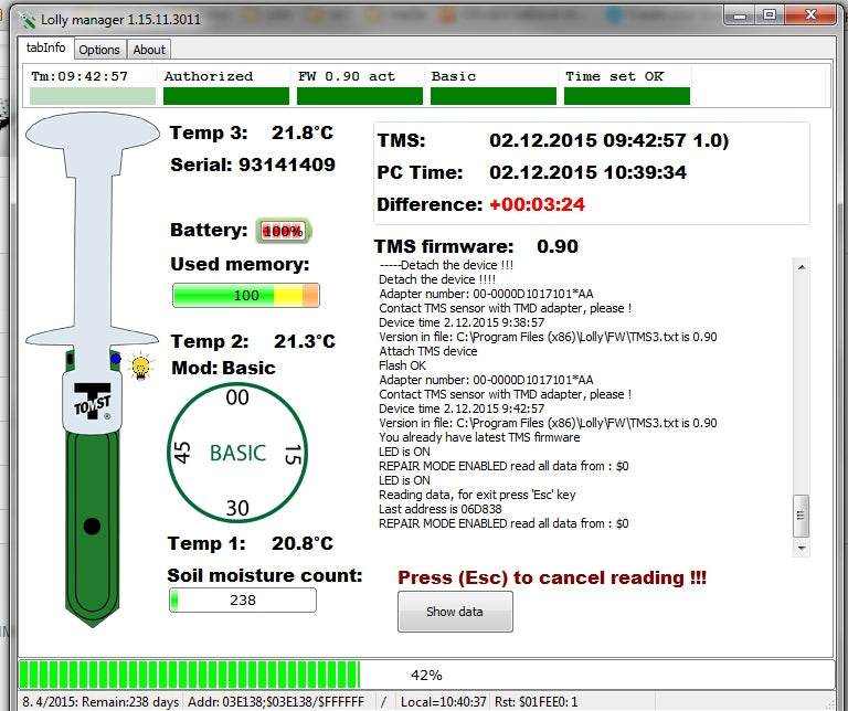 TMS Auswertsoftware LOLLY interface displaying temperature, soil moisture, and firmware information for data logging analysis.