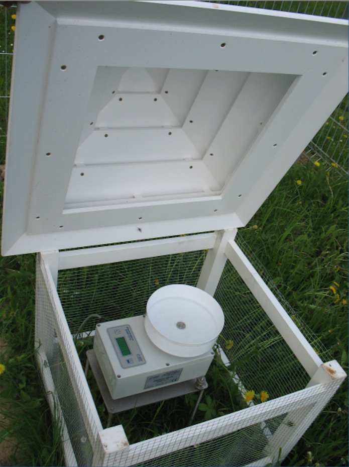 Weatherproof Schutzhütte with open roof, showcasing ventilation design and protection for the Evaporimeter EVC-1010.