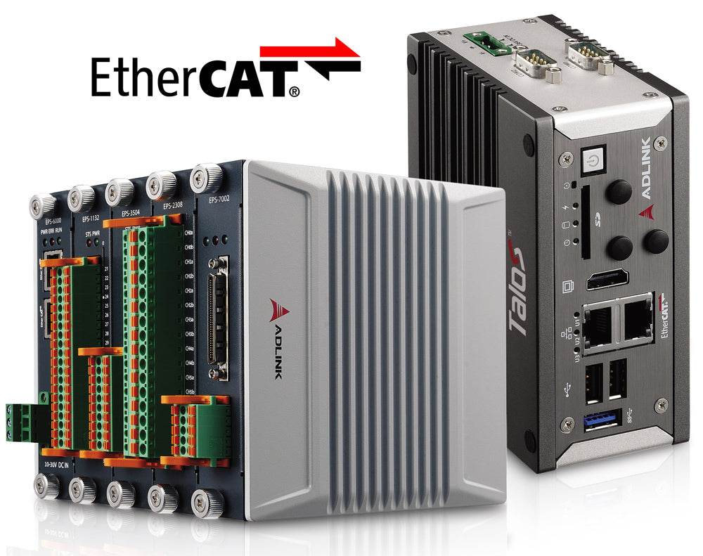 HIM Comp DIN Rail industrial PC system with EtherCAT logo, featuring modular design and robust IP54 housing.