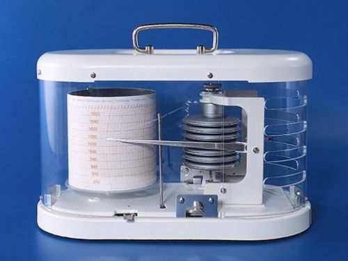 Barograph with white aluminum and chrome steel casing on blue background.