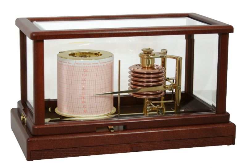 Barograph with float glass case, polished brass mechanism, mahogany finish.