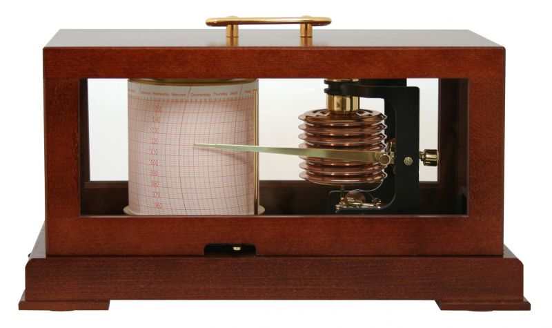 Barograph with mahogany-stained beech housing displaying pressure recording drum and mechanism.