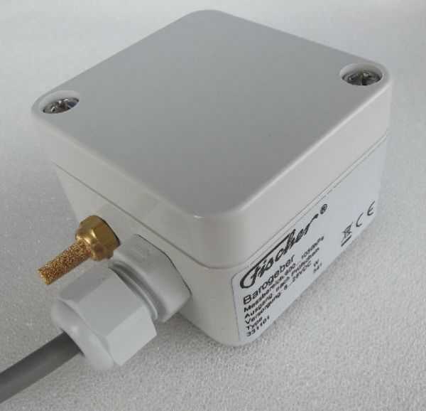 Elektronischer Luftdrucksensor FI 05, kompakt, pulverbeschichtetes Gehäuse, Spannungsausgang, spritzwassergeschützt.