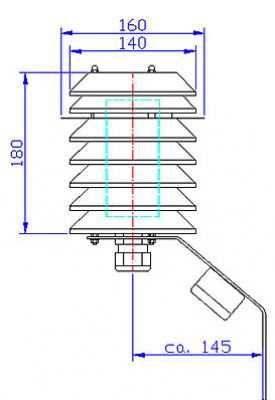 Strahlungsschutzhütte mit Aluminiumlamellen, künstlich ventiliert, technische Zeichnung.