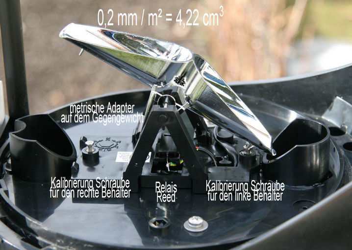 Automatischer Regenmesser Davis Aero-Cone mit Kipplöffel-Mechanismus und Kalibrierschrauben, robustes UV-beständiges Gehäuse.