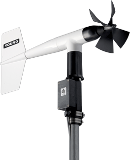 Wind Monitor Model 05106 marine wind sensor mounted on a pole with robust vane and durable materials.