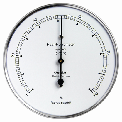 Hygrometer mit synthetischen Fasern für präzise Messung der relativen Luftfeuchte, wartungsarm, bis 0°C einsetzbar.