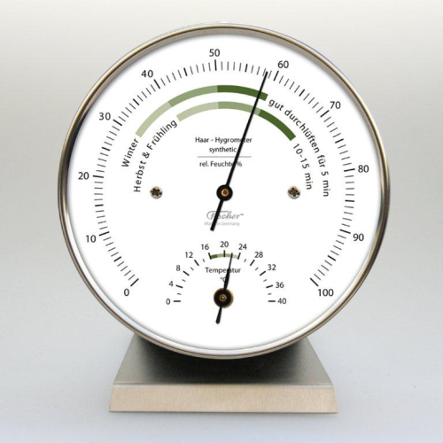 Wohnklima Hygrometer-Thermometer im Edelstahlgehäuse mit Edelstahlsockel