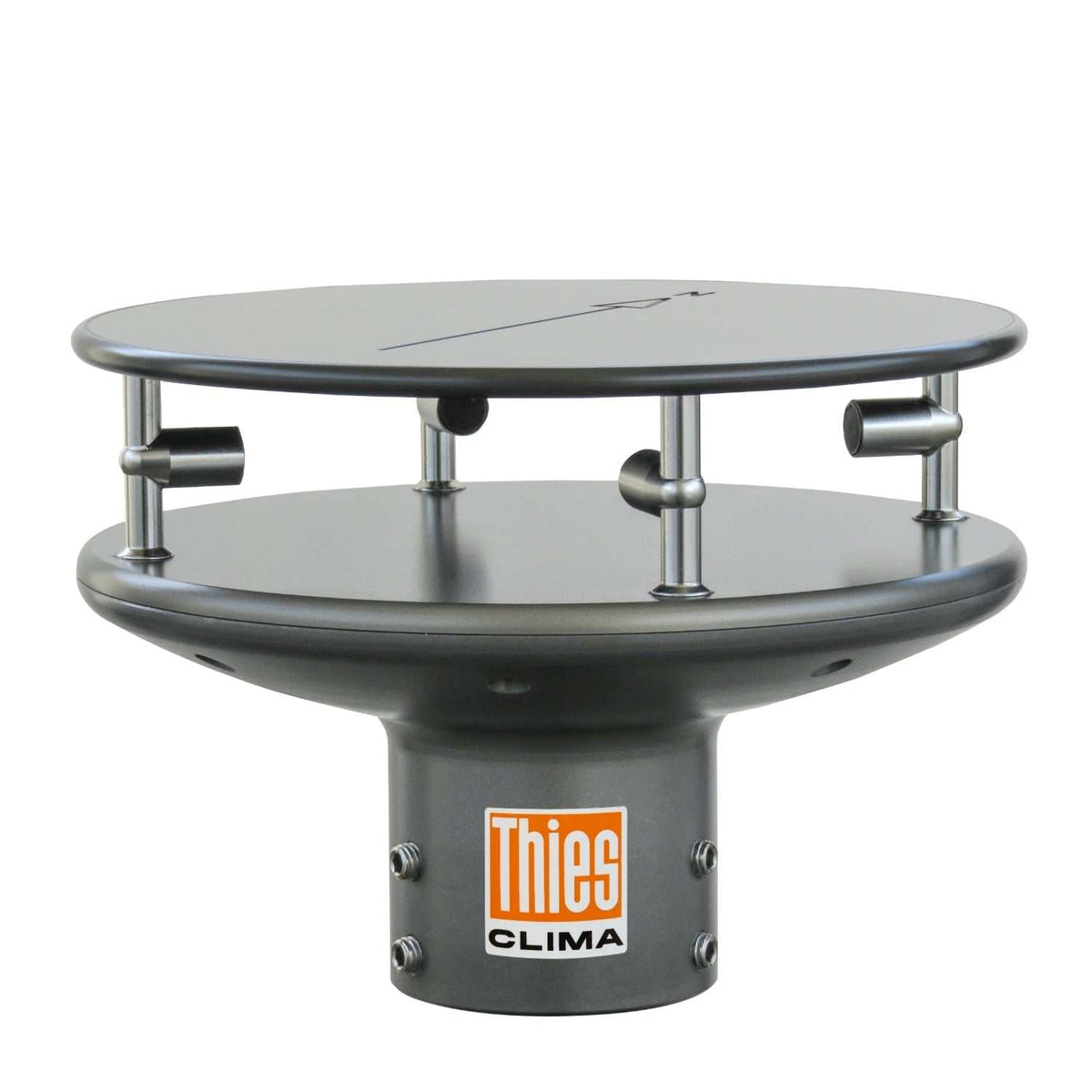 Ultraschall Anemometer 2D Compact aus silberfarbenem Metall mit rundem Gehäuse und mehreren Ultraschallwandlern.