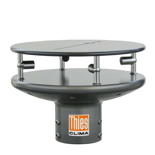 Ultraschall Anemometer 2D Compact aus silberfarbenem Metall mit rundem Gehäuse und mehreren Ultraschallwandlern.