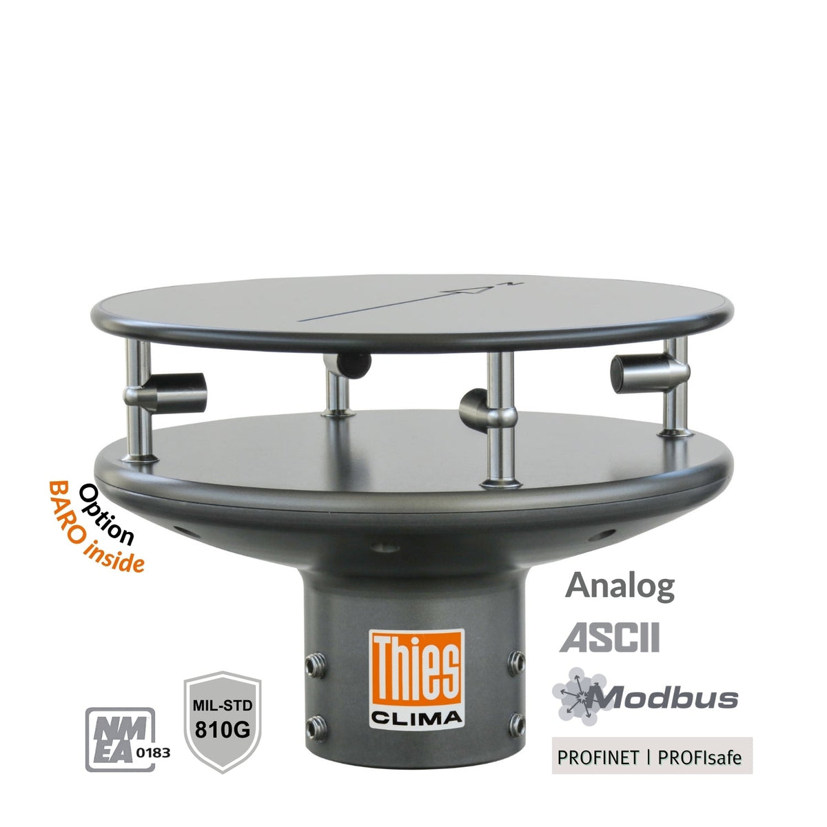 Ultraschall Anemometer 2D Compact aus silberfarbenem Metall mit zwei runden Platten und Ultraschallsensoren, Thies-Logo am Gehäuse.