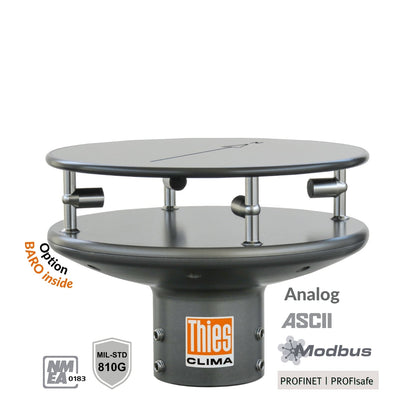 Ultraschall Anemometer 2D Compact aus silberfarbenem Metall mit zwei runden Platten und Ultraschallsensoren, Thies-Logo am Gehäuse.
