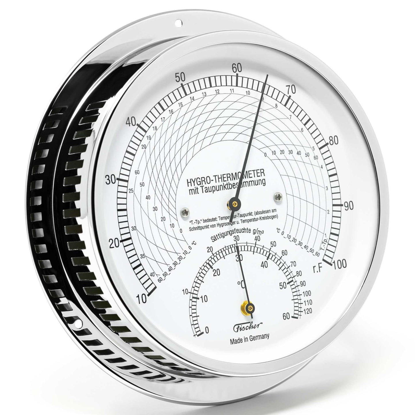 Thermo-Hygrometer mit Taupunktbestimmung in verchromtem Messinggehäuse, misst Luftfeuchte und Temperatur.