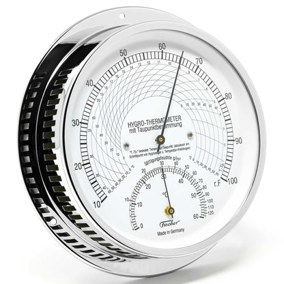 Thermo-Hygrometer mit Taupunktbestimmung in verchromtem Messinggehäuse, misst Luftfeuchte und Temperatur.