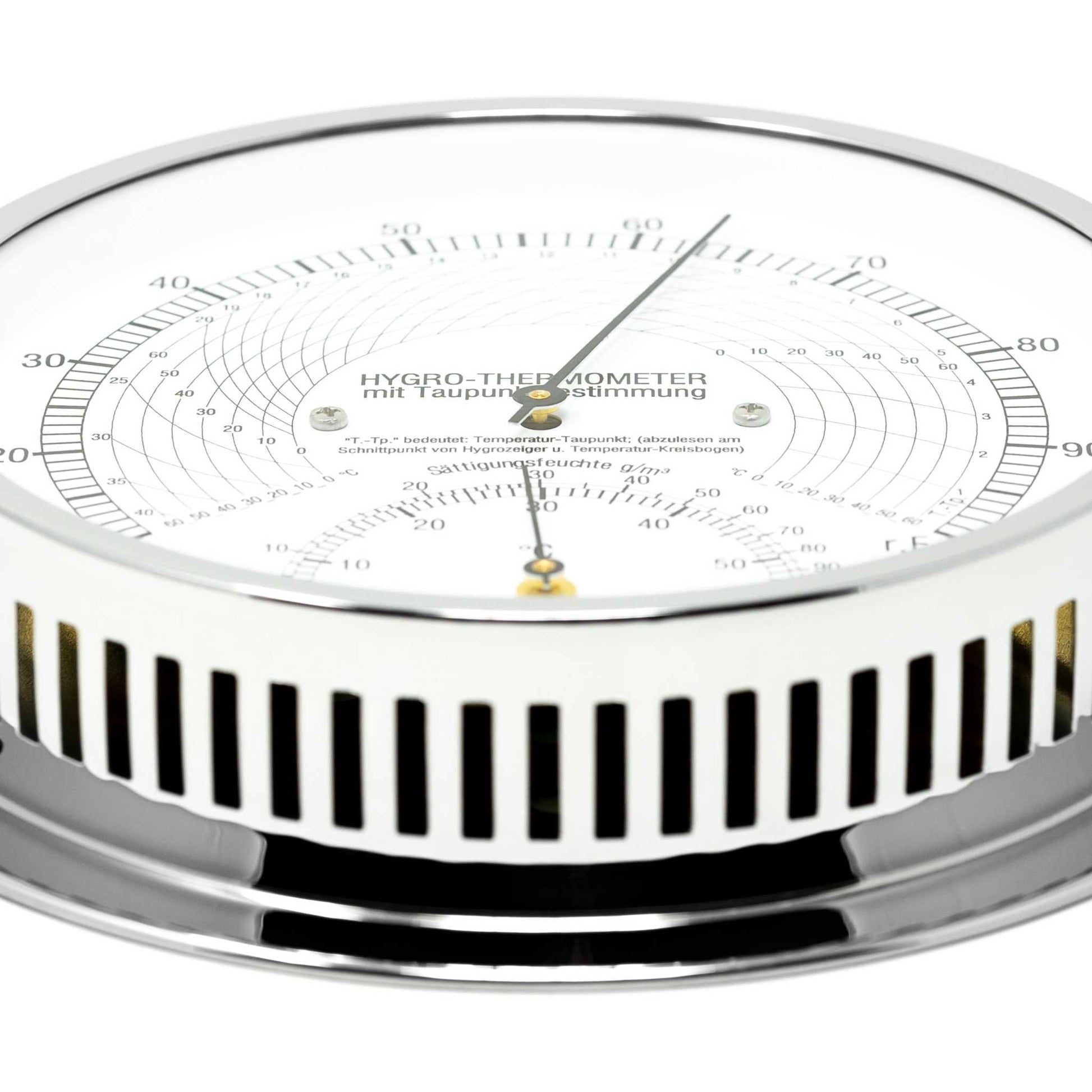 Thermo-Hygrometer mit präziser Skala, misst Luftfeuchte, Temperatur und Taupunkt, verchromtes Messinggehäuse.