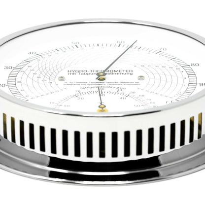 Thermo-Hygrometer mit präziser Skala, misst Luftfeuchte, Temperatur und Taupunkt, verchromtes Messinggehäuse.