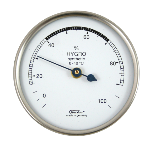 Hygrometer mit synthetischen Fasern zur Messung der relativen Luftfeuchtigkeit, wartungsarm und zuverlässig.