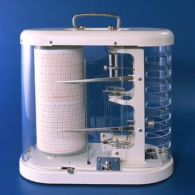 Thermohygrograph with synthetic fiber, measures temperature and humidity, white casing, blue background.