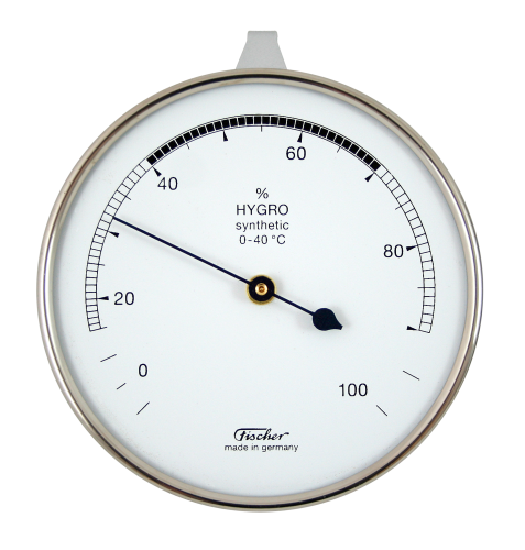 Hygrometer mit synthetischen Fasern zur Messung der Luftfeuchtigkeit, geeignet bis 0 °C, wartungsarm.