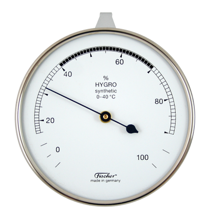 Hygrometer mit synthetischen Fasern zur Messung der Luftfeuchtigkeit, geeignet bis 0 °C, wartungsarm.