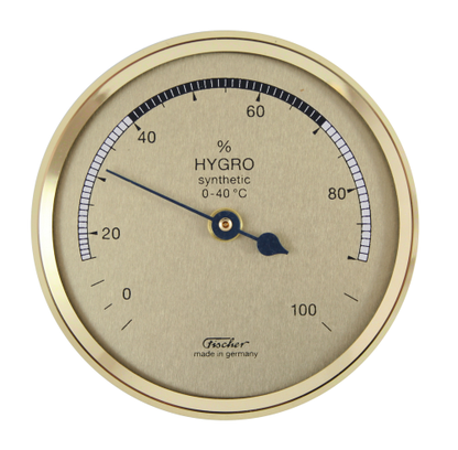 Hygrometer mit synthetischen Fasern für Messung der Luftfeuchtigkeit, rund, goldfarben.