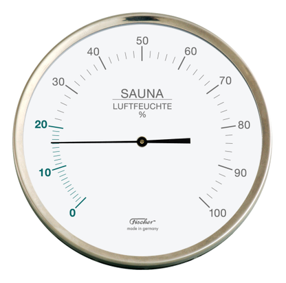 Sauna hygrometer with synthetic fibers for humidity measurement.