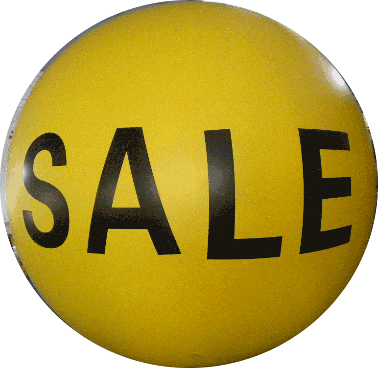 PVC Grossballon B-Ware mit optischen Unzulänglichkeiten, gelber Ballon mit schwarzem "SALE"-Aufdruck.
