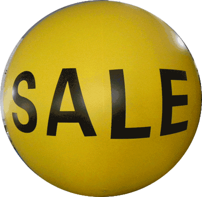 PVC Grossballon B-Ware mit optischen Unzulänglichkeiten, gelber Ballon mit schwarzem "SALE"-Aufdruck.