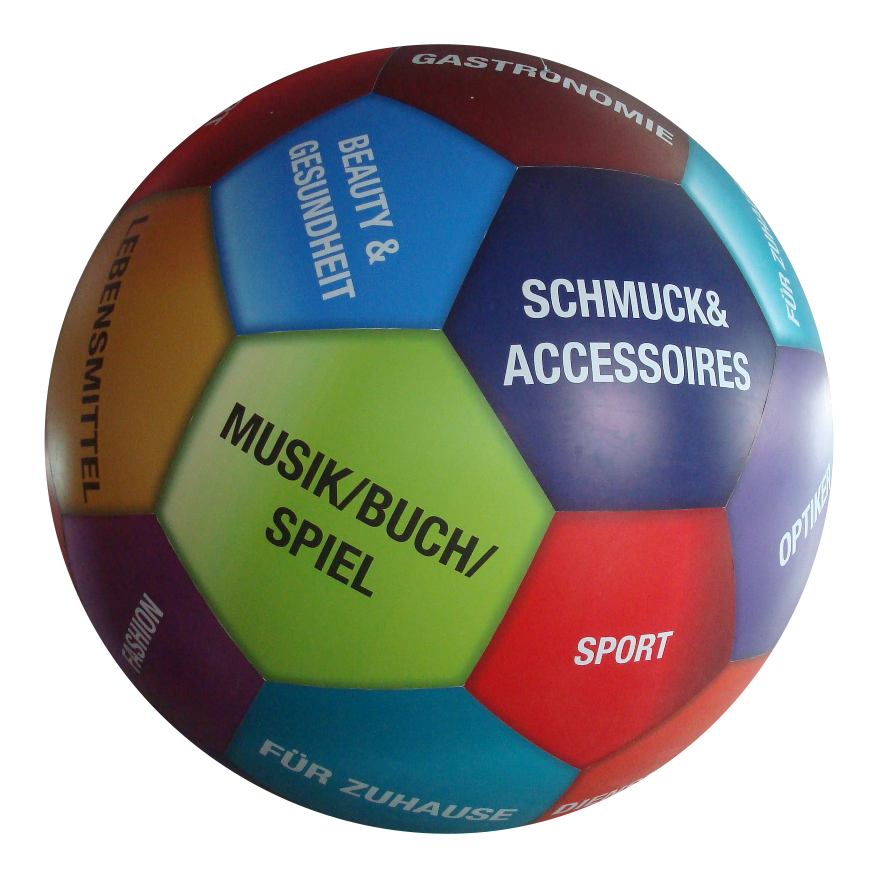 PVC Grossballon B-Ware, Rundballon mit 2 m Durchmesser, farbenfroh bedruckt für Werbung, inkl. Zubehör.