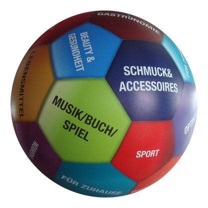 PVC Grossballon B-Ware, Rundballon mit 2 m Durchmesser, farbenfroh bedruckt für Werbung, inkl. Zubehör.